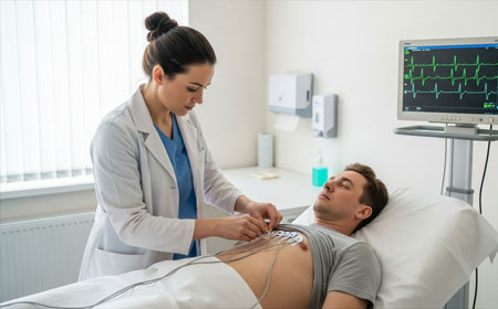 Врач проводит процедуру кардиограммы для пациента